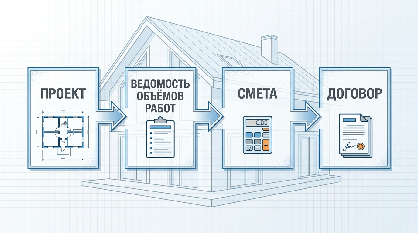 Схема связи проекта, ведомости объёмов, сметы и договора при строительстве дома