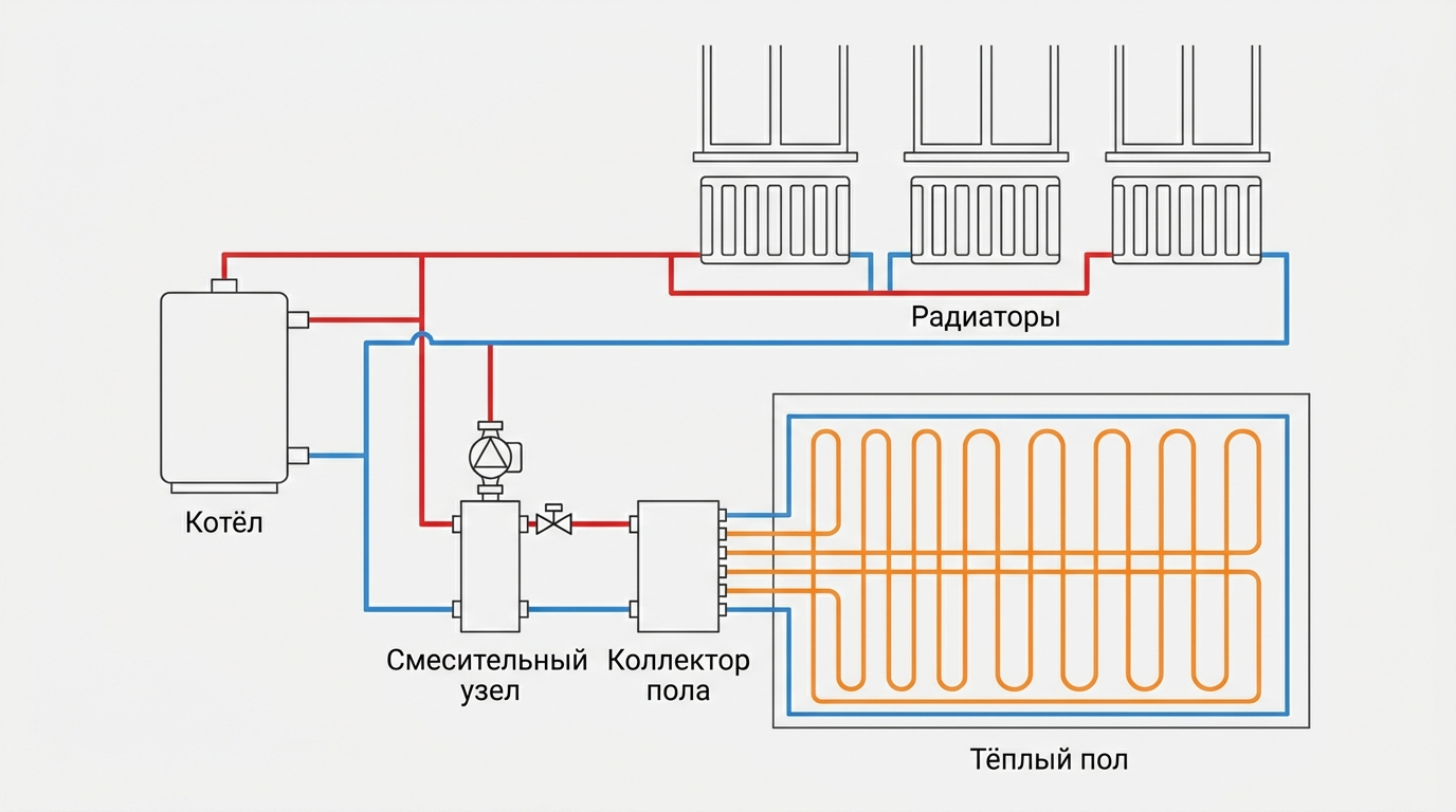 Комбинированная система отопления частного дома с радиаторами и тёплыми полами