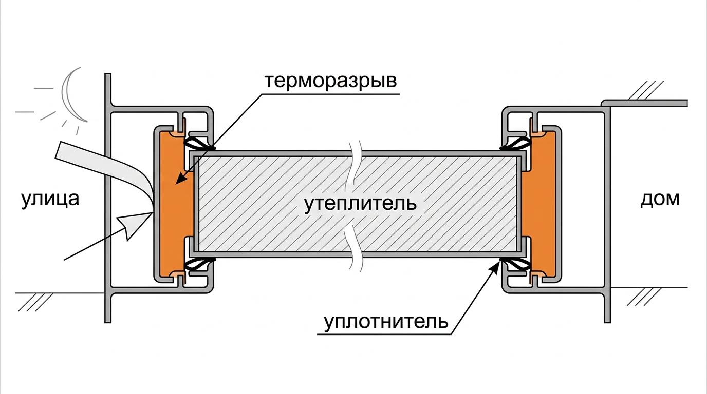 Разрез входной двери с терморазрывом, утеплением и контурами уплотнения