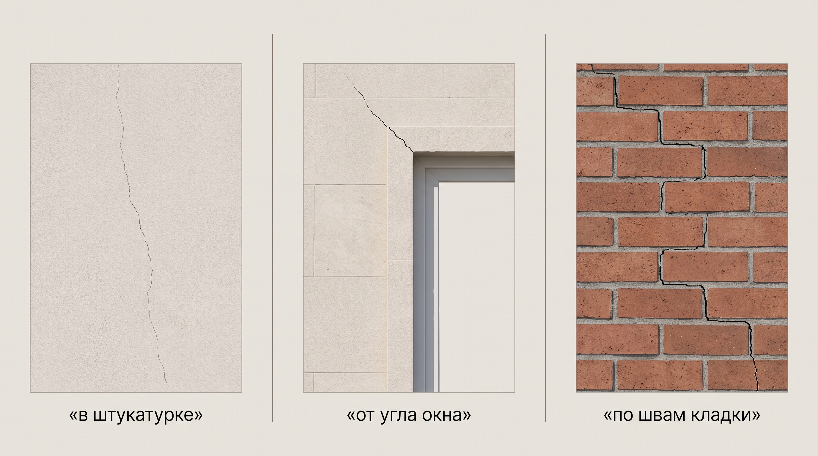 Сравнение типичных трещин в каменных стенах: штукатурная, диагональная от окна и ступенчатая по швам
