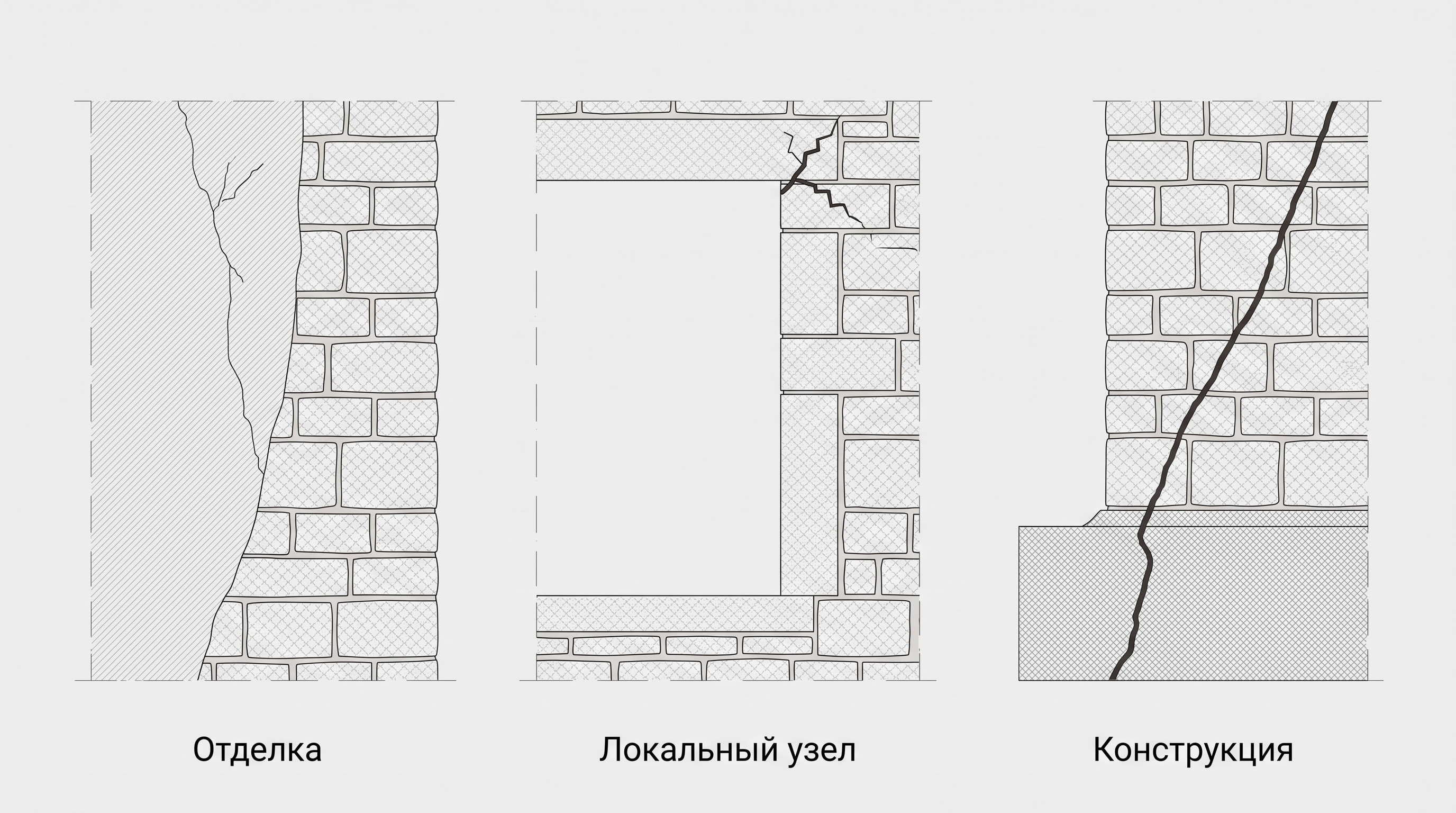 Схема отличий отделочных, локальных и конструктивных трещин в каменной стене