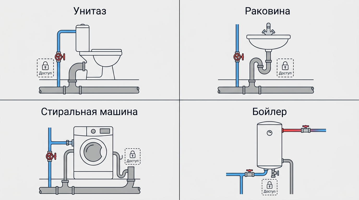 Типовые узлы подключения унитаза, раковины, стиральной машины и бойлера