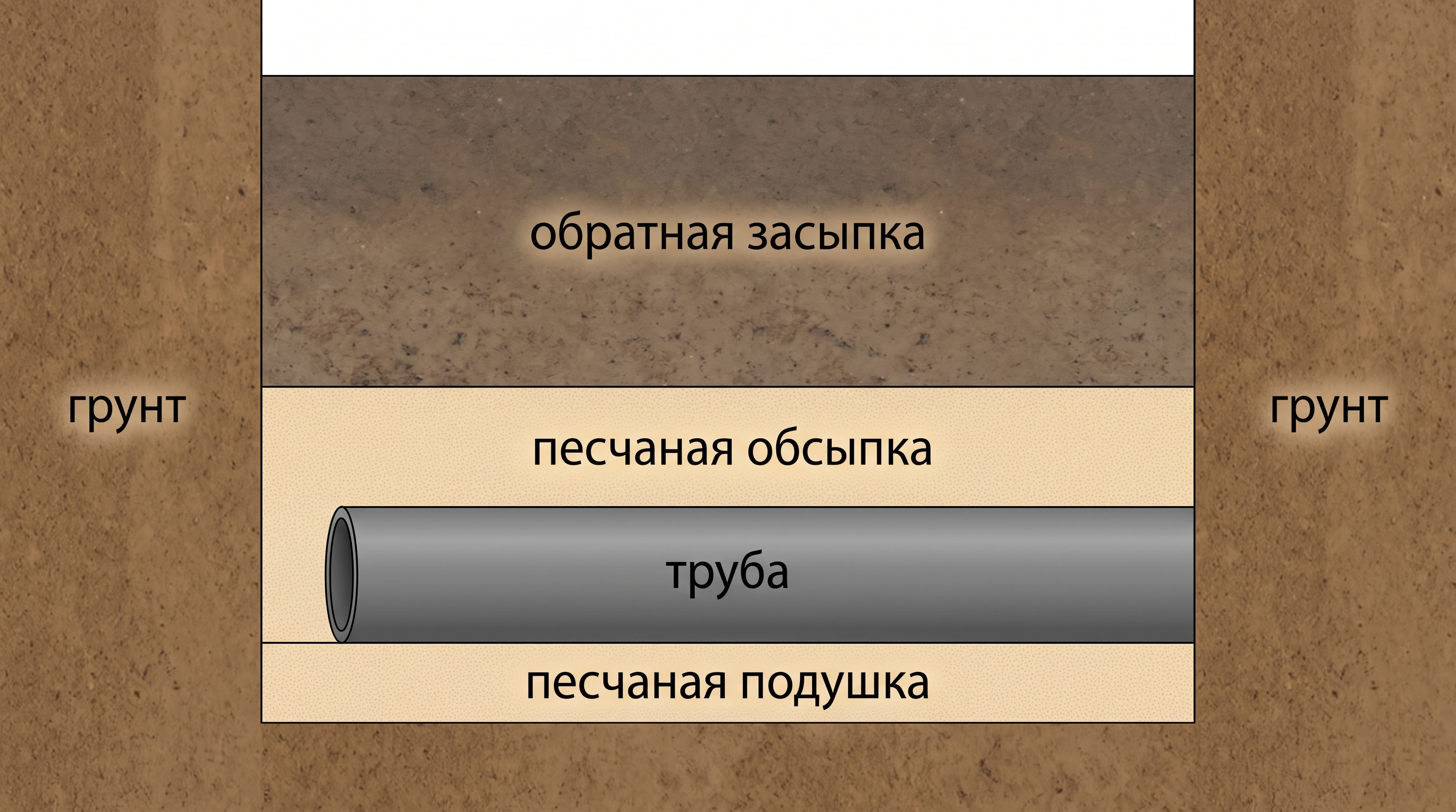 Правильная траншея с песчаной подушкой и обратной засыпкой для наружных труб