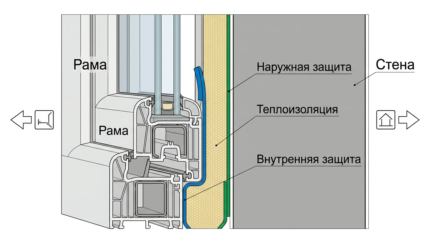 Разрез правильного трёхслойного монтажного шва окна