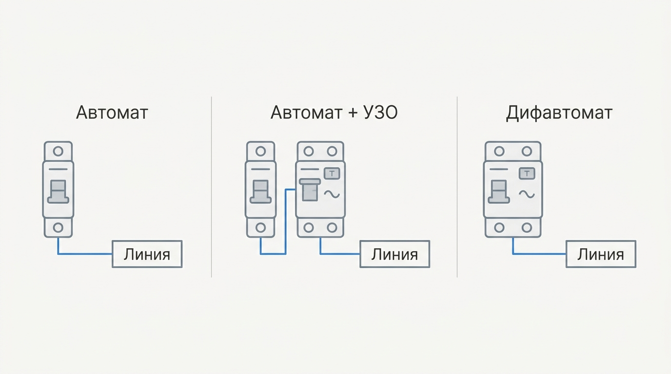 Схема трех вариантов защиты линии: автомат, автомат плюс УЗО, дифавтомат