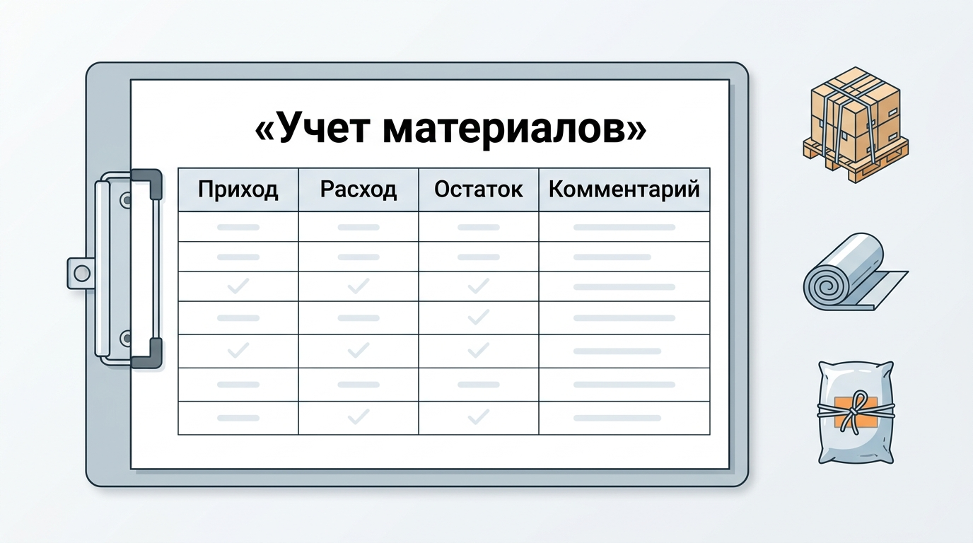 Простая таблица учета прихода, расхода и остатка строительных материалов