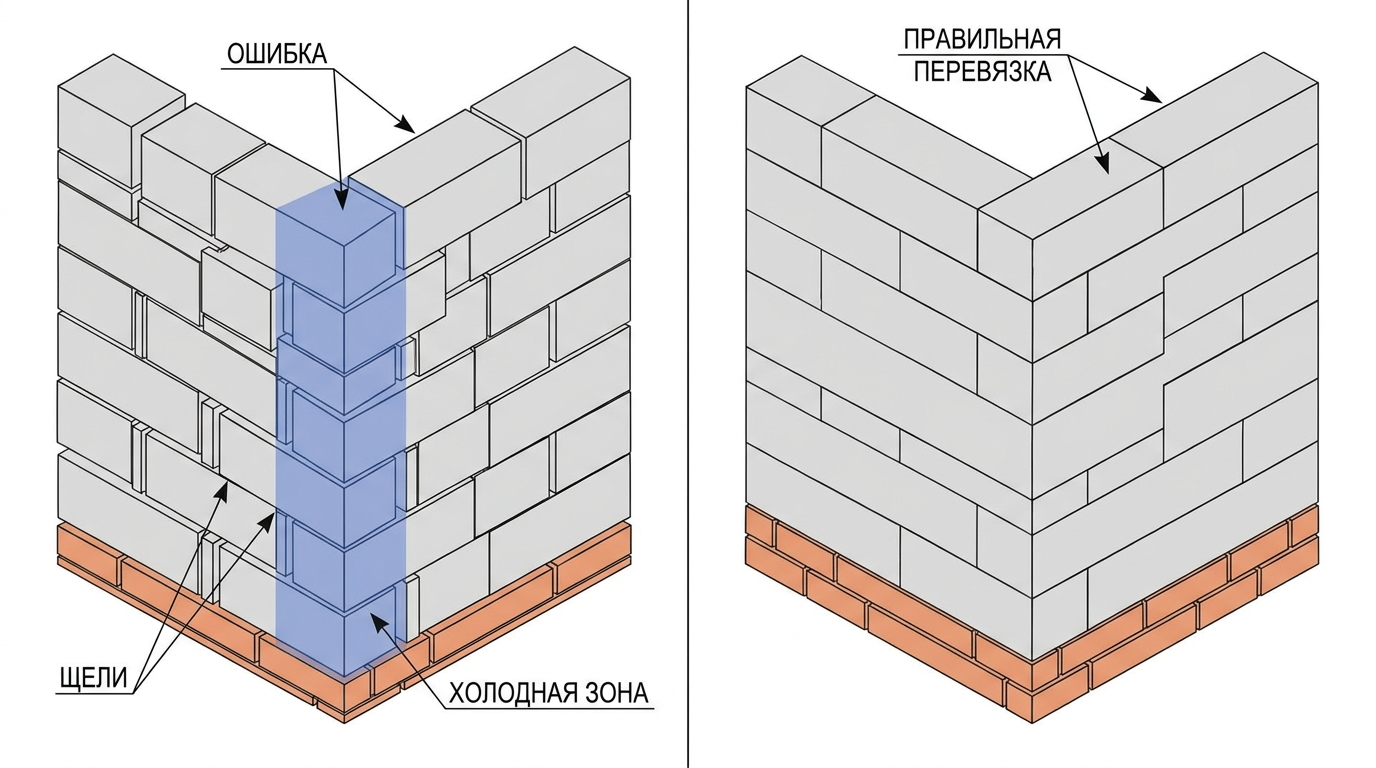 Сравнение правильной и неправильной перевязки угла в газобетонной и кирпичной кладке