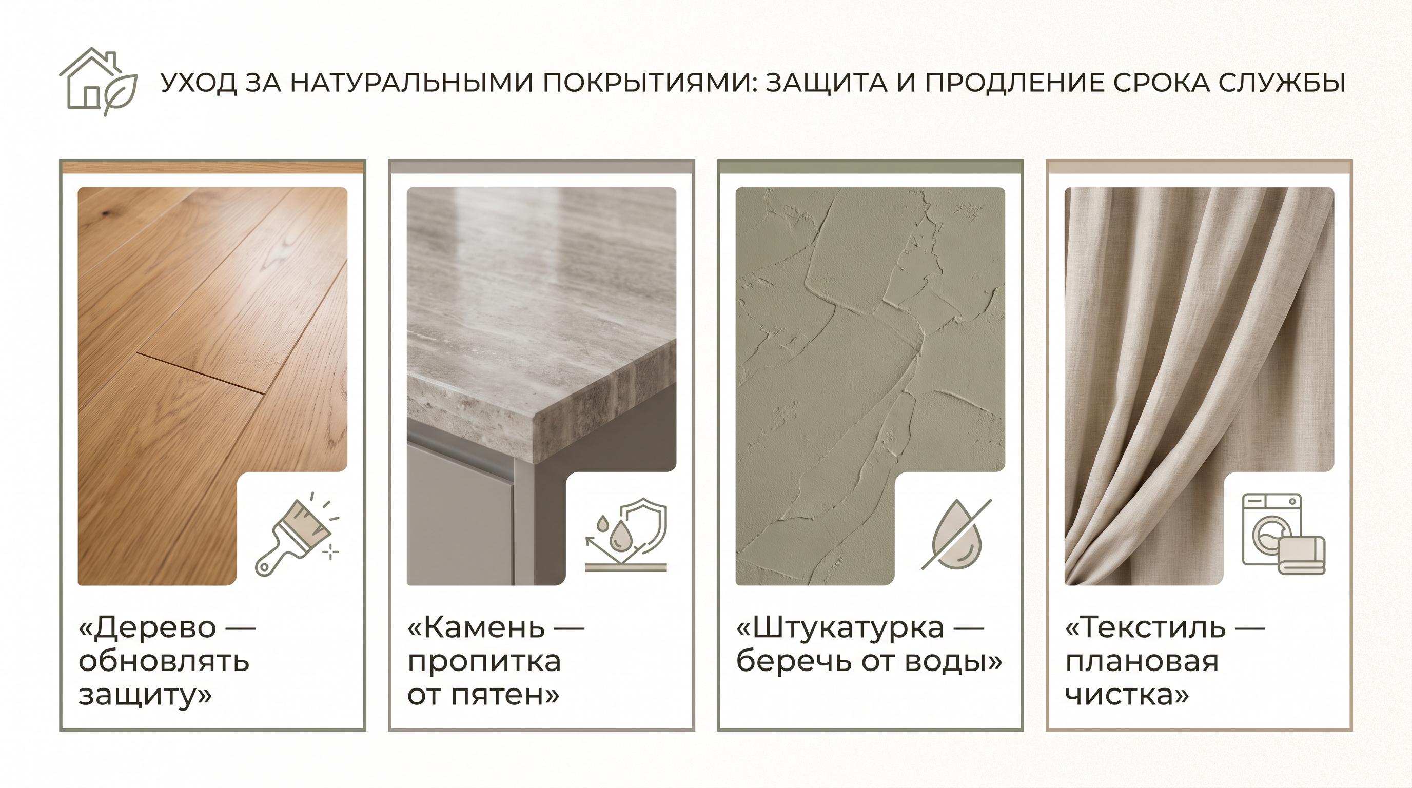 Инфографика по уходу за деревом, камнем, штукатуркой и натуральным текстилем