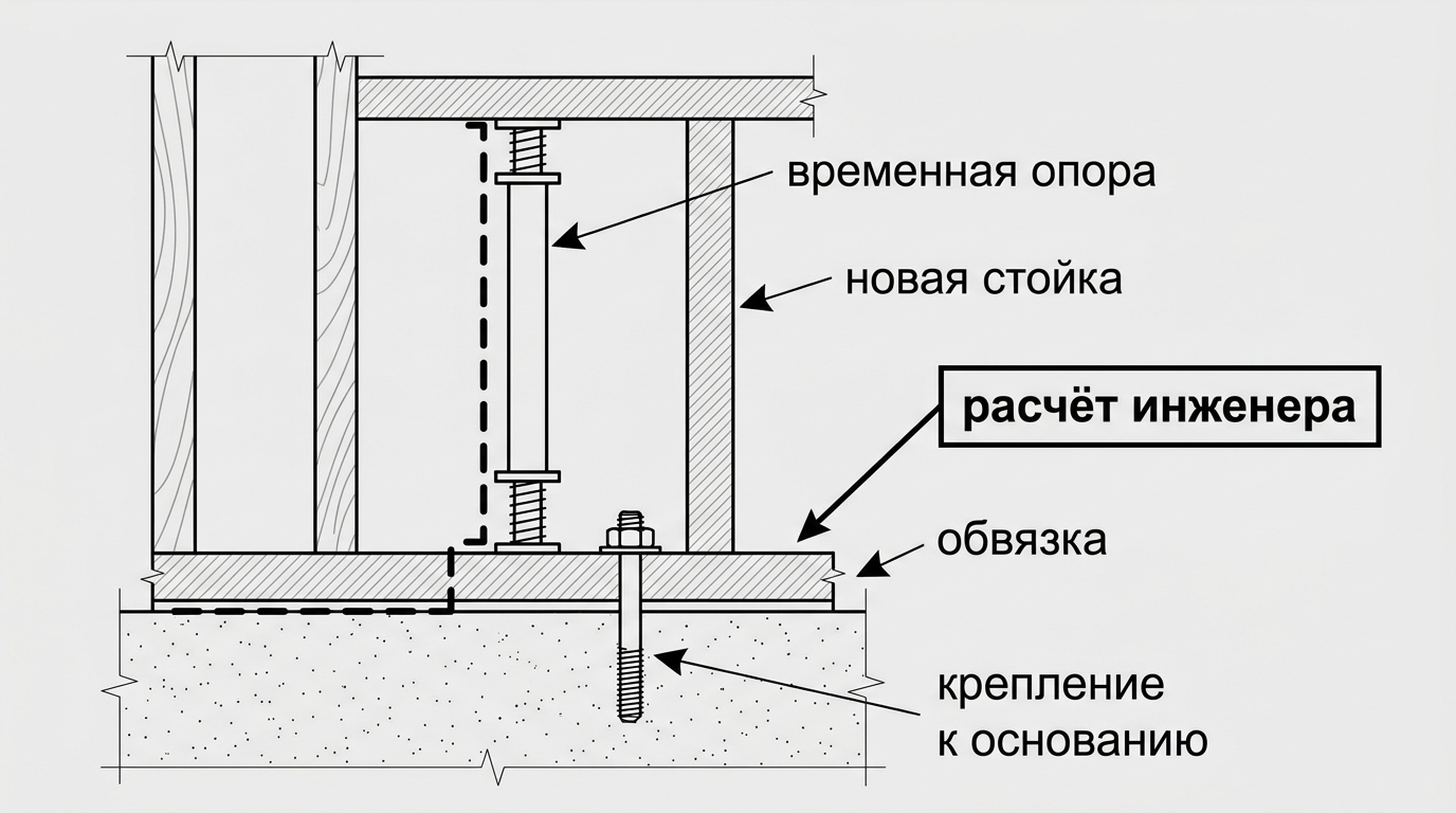 Принципиальная схема усиления стойки и нижней обвязки каркасного дома