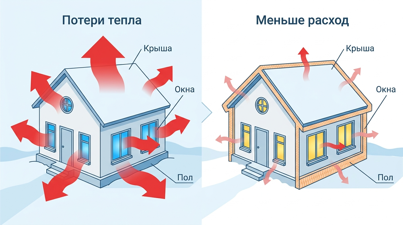 Зависимость расходов на отопление от качества утепления дома
