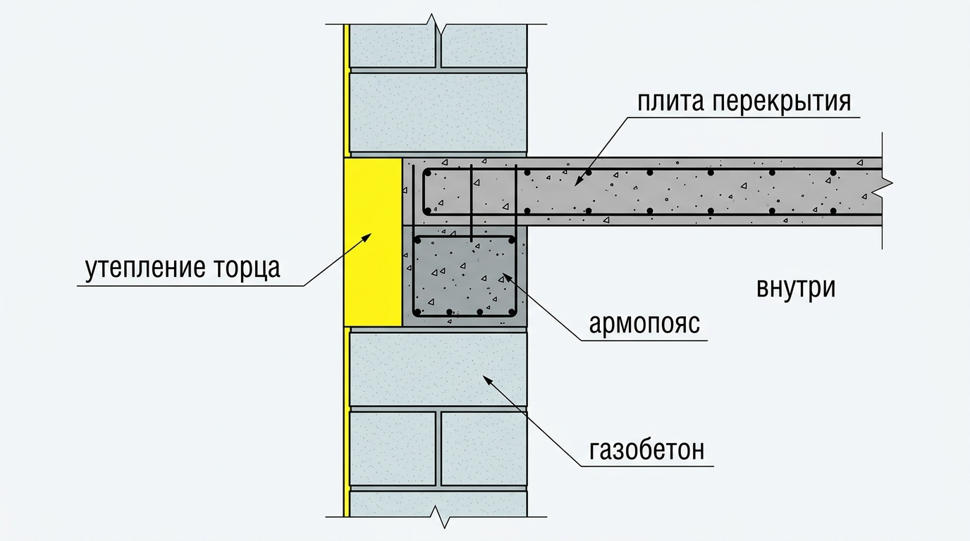 Схема узла опирания плиты перекрытия на газобетон с утеплением торца