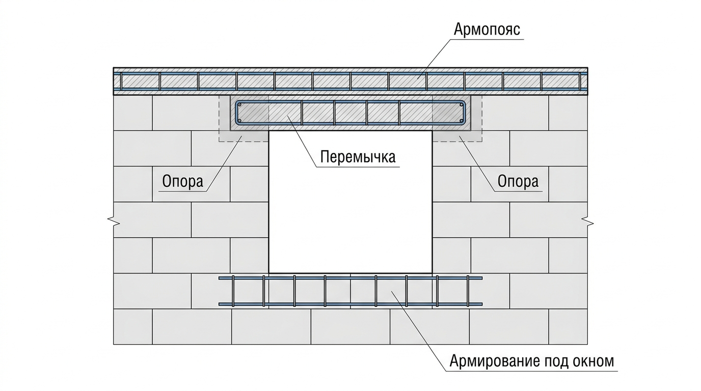 Схема армопояса, перемычки и армирования под оконным проёмом