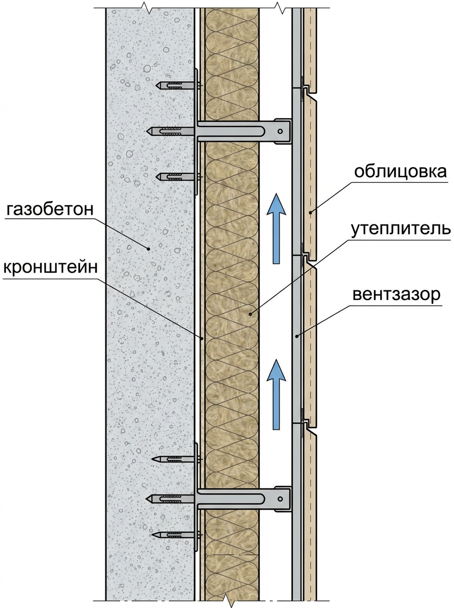 Схема узла вентилируемого фасада по газобетонной стене