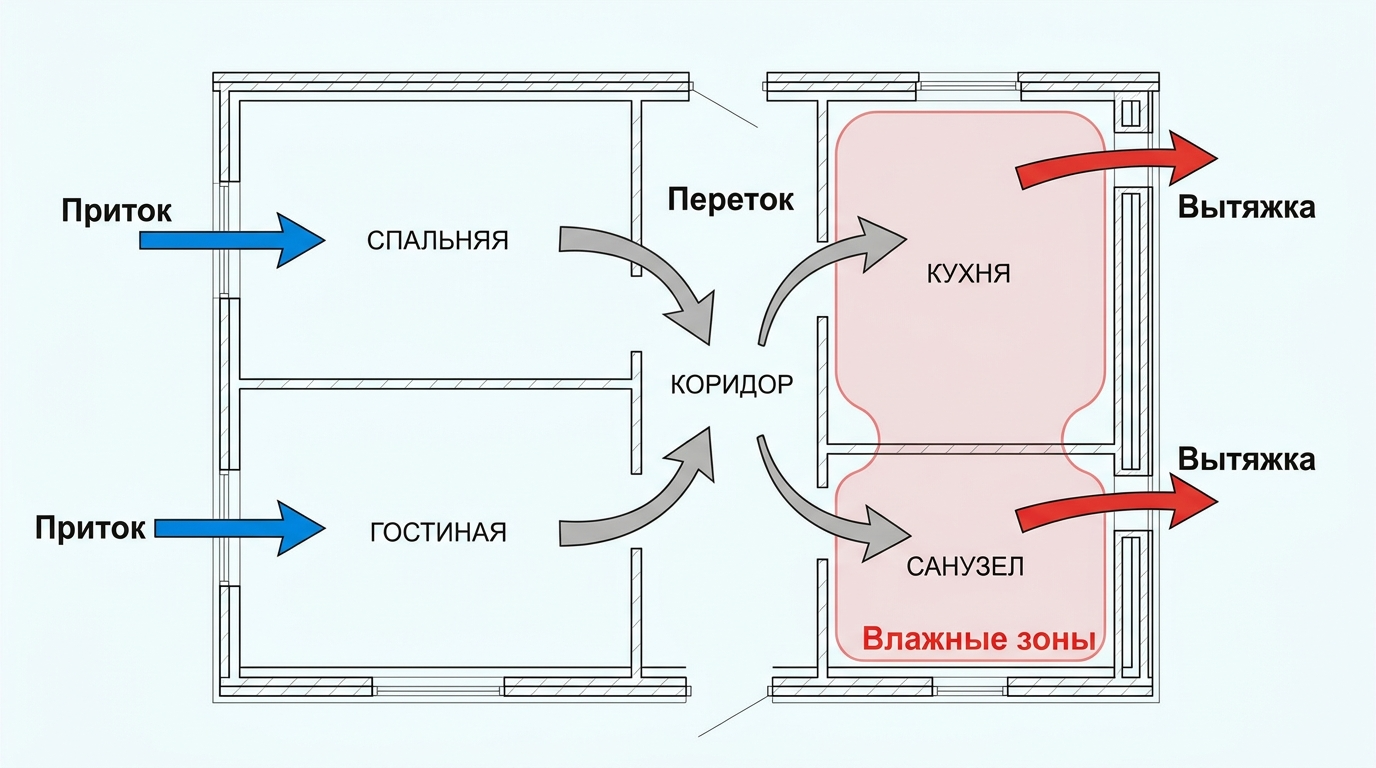 Схема вентиляции СИП-дома с притоком в комнаты и вытяжкой из влажных зон
