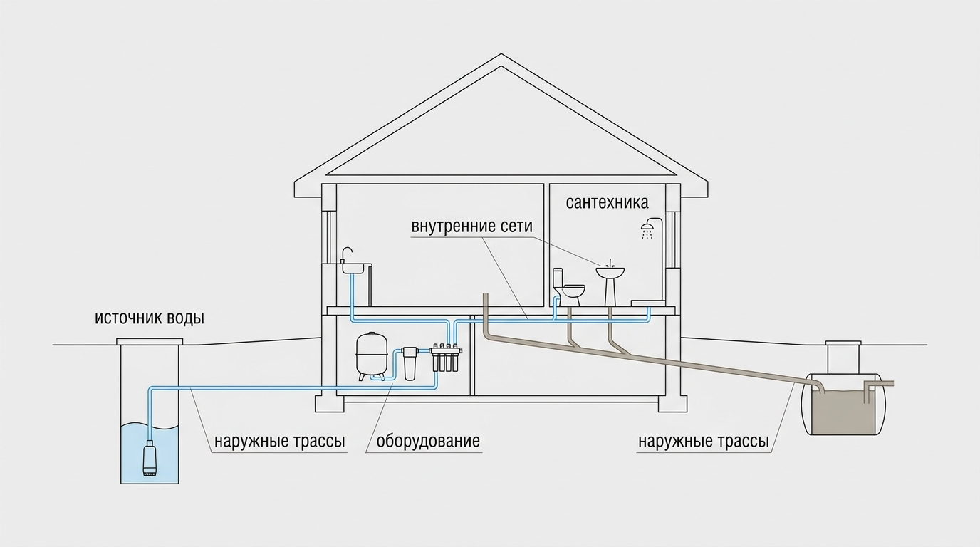 Схема водоснабжения и канализации в смете частного дома