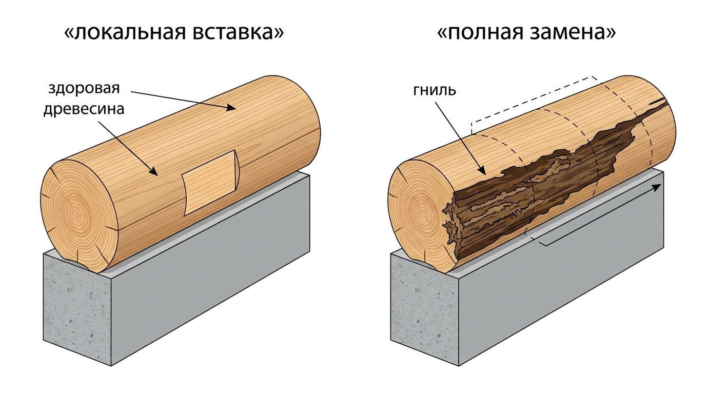 Сравнение локальной вставки и полной замены нижнего венца сруба