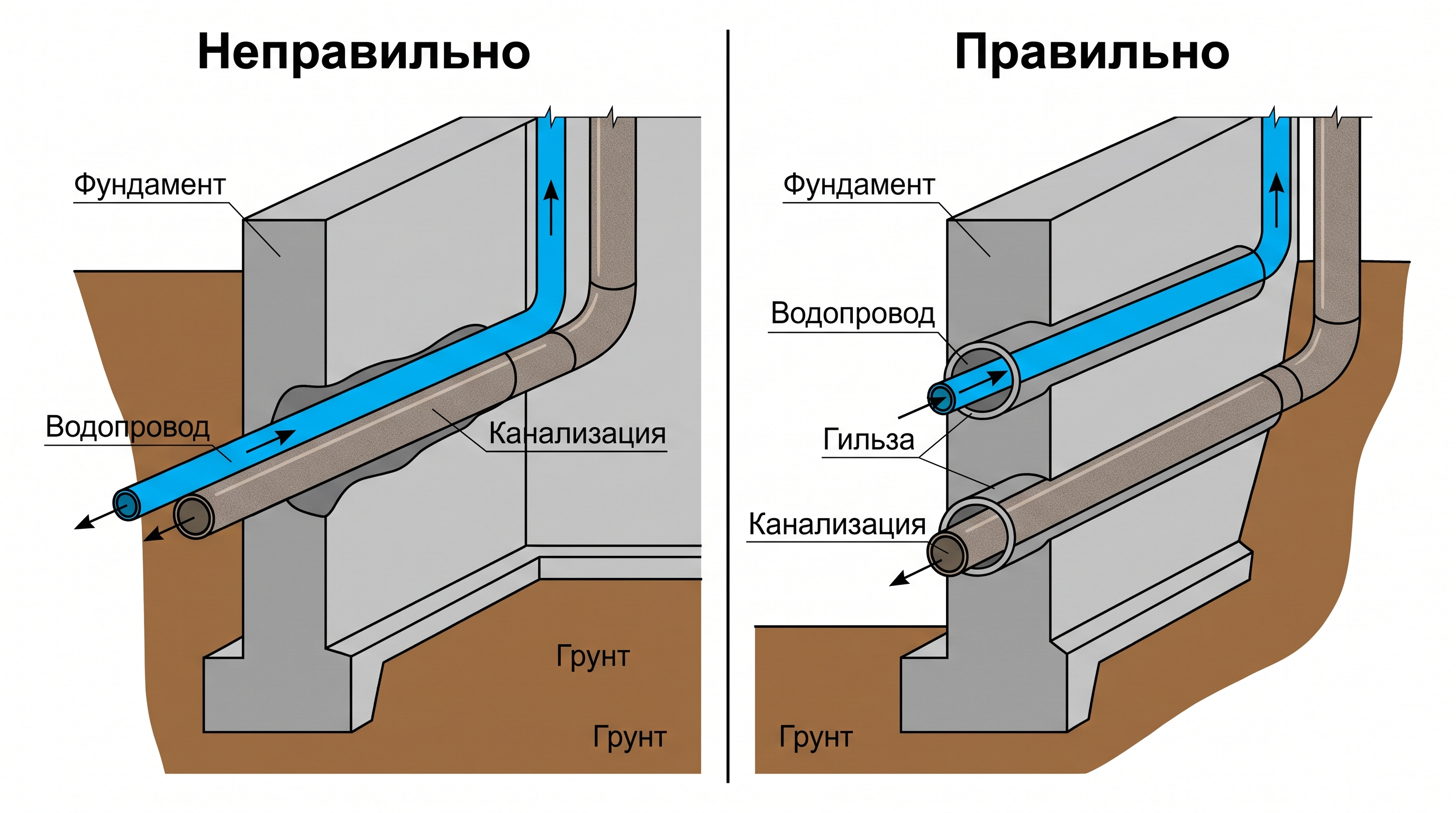 Схема правильного раздельного ввода водопровода и канализации через фундамент