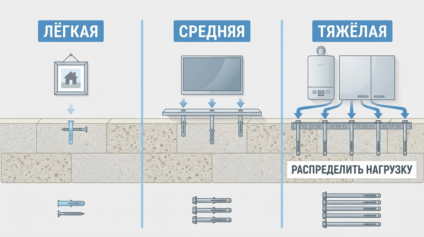 Инфографика выбора крепежа для газобетона по нагрузке