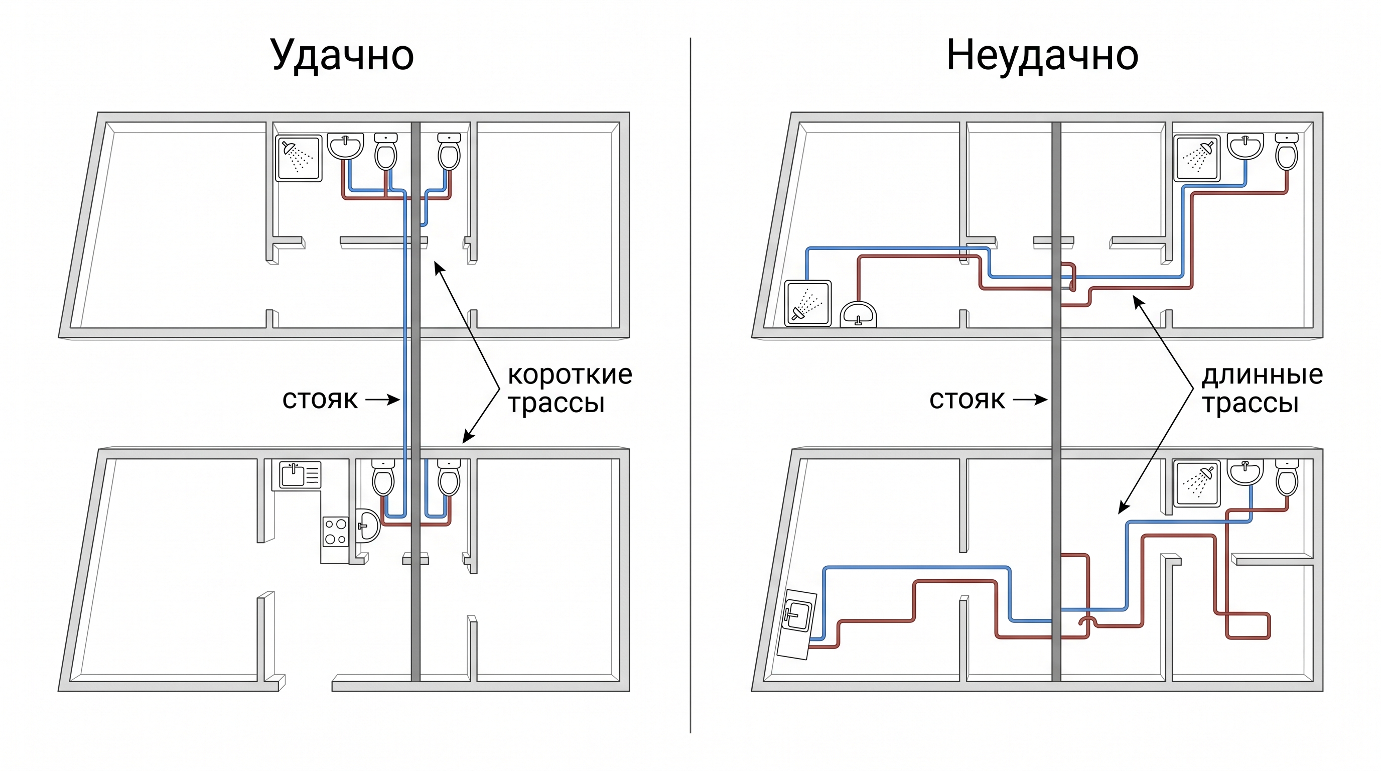 Схема группировки мокрых зон и стояков водоснабжения и канализации в частном доме