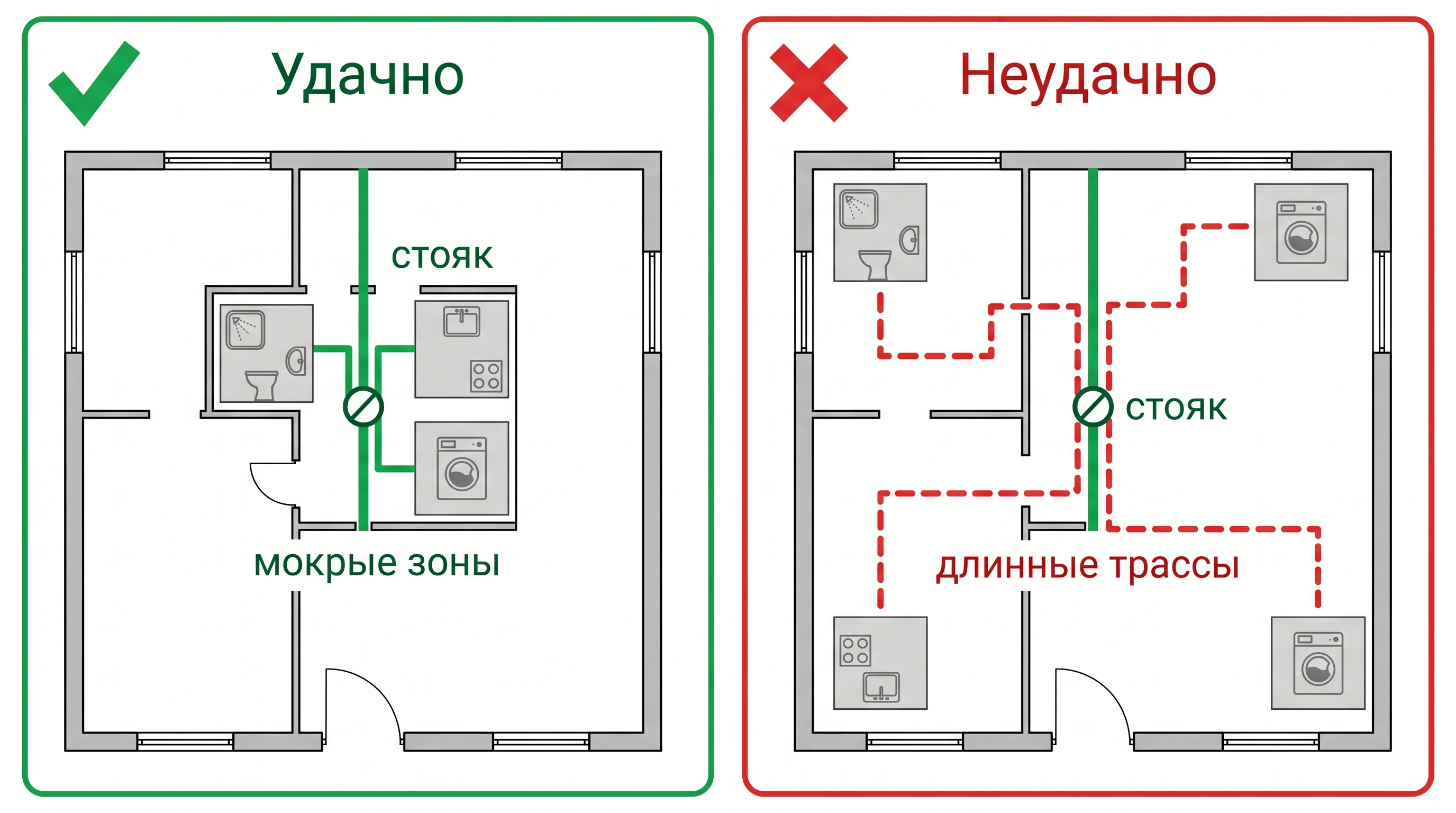 Сравнение удачной и неудачной группировки мокрых зон в двухэтажном доме