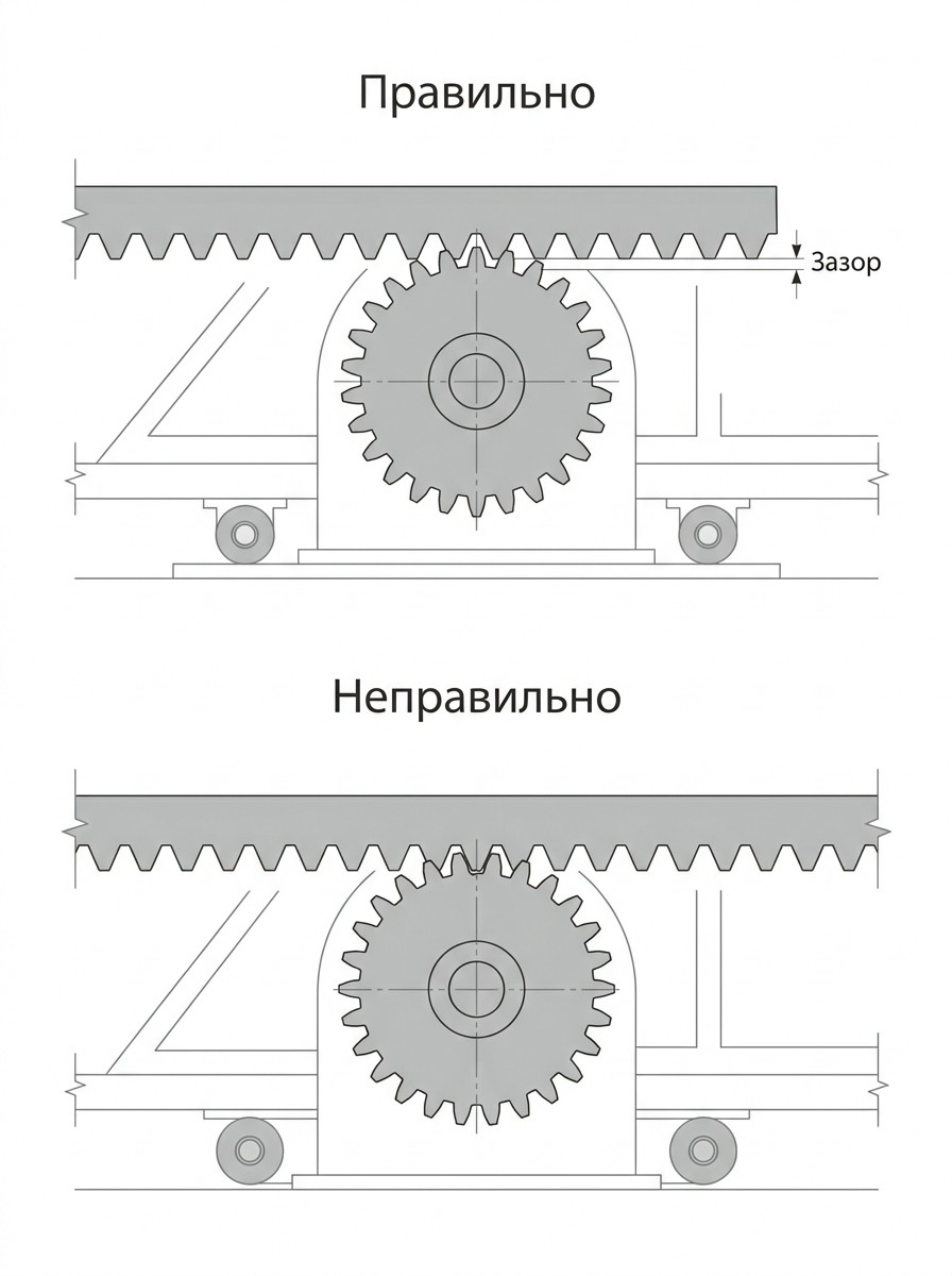 Правильное зацепление зубчатой рейки и шестерни привода