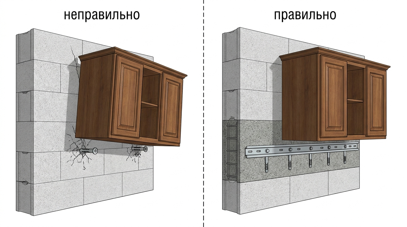 Сравнение правильного и неправильного крепления тяжёлого шкафа к газобетону