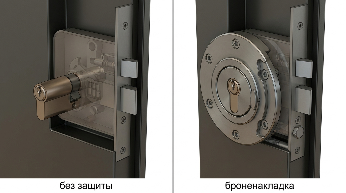 Сравнение незащищенного цилиндра и цилиндра с броненакладкой на входной двери