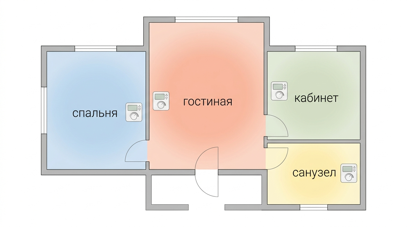 Зональное управление отоплением с термостатами в комнатах частного дома
