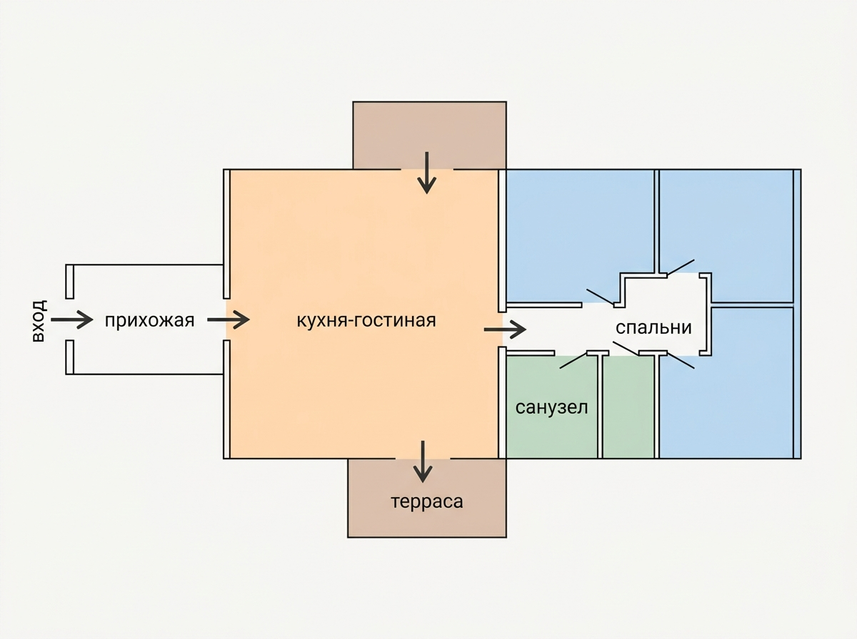 Схема зонирования одноэтажного дома на дневную, ночную, входную и техническую зоны