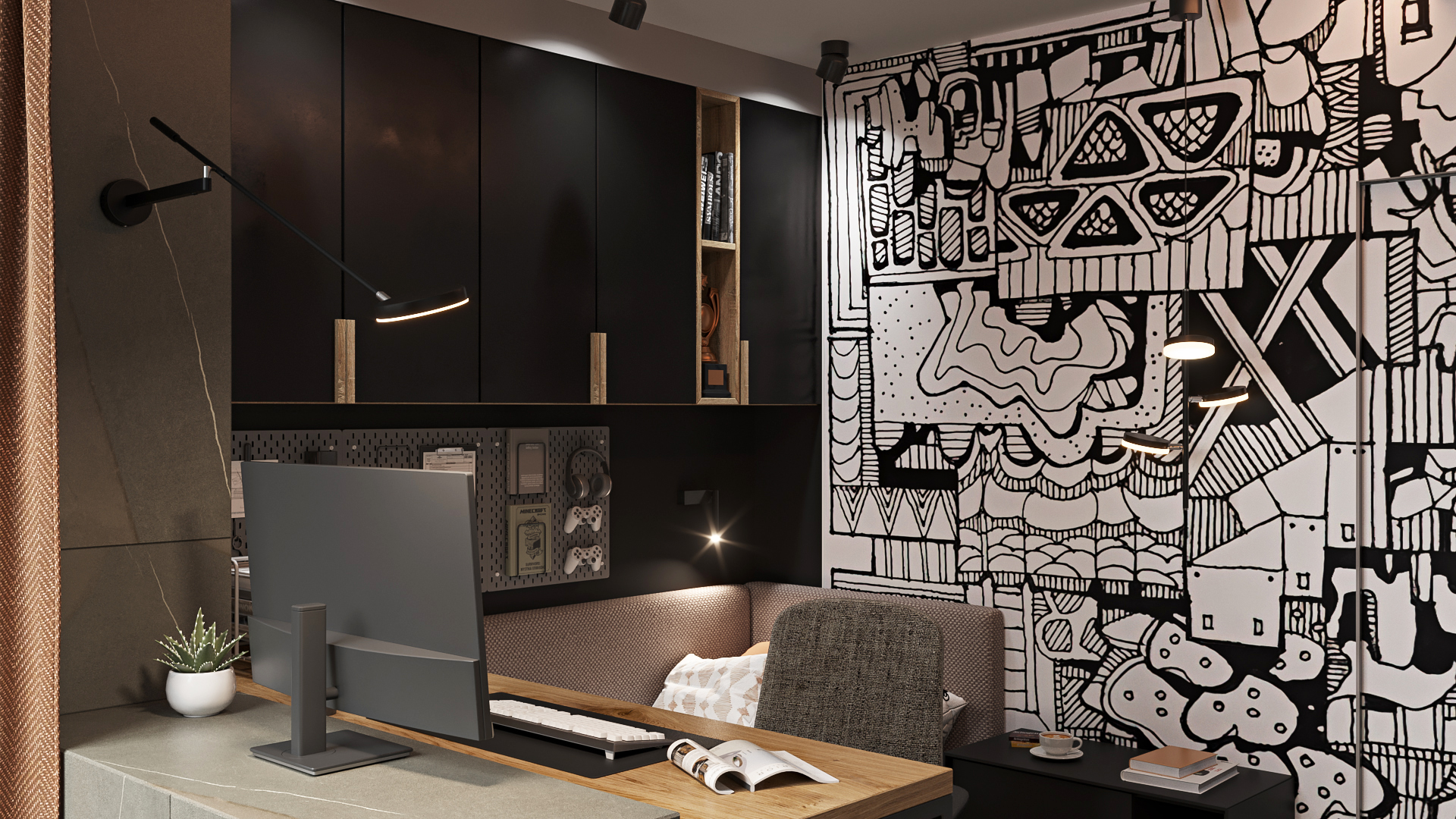 Хотелось усложнить интерьер так, чтобы слой за слоем его можно было познавать в мелочах и нюансах. Гладкие - шершавые, холодные - теплые текстуры дают дополнительный, тактильный эффект к визуальному прочтению