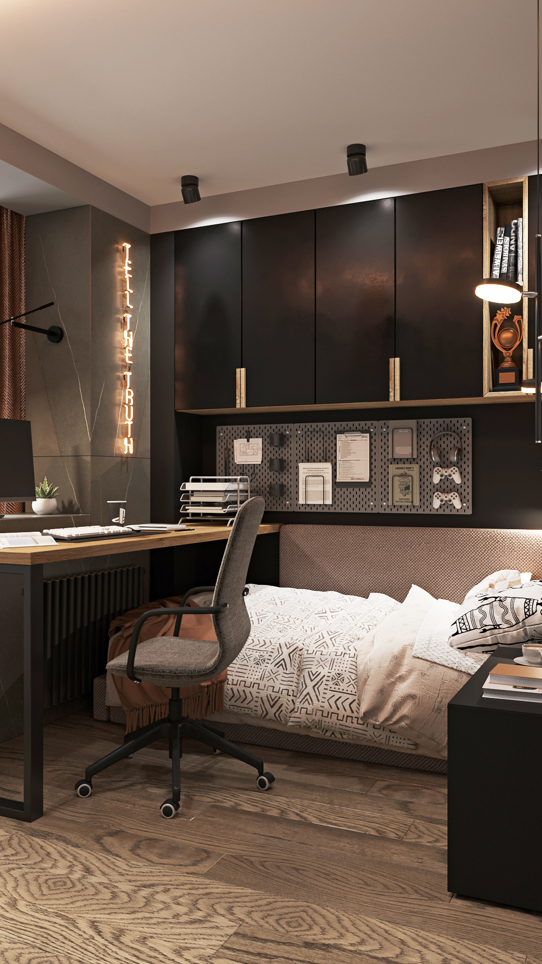 В малых пространствах не обойтись без заказной мебели. Мебель надо проектировать таким образом, чтобы каждый уголок был продуман и организован. Основное хранение скрыто от глаз - визуальный порядок очень важен. Для организации предметов первой необходимости, рядом со столом есть органайзер, где для каждой вещи есть место